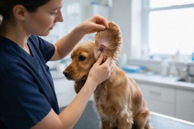 Vétérinaire soulevant l'oreille d'un cocker anglais pour examiner le conduit auditif