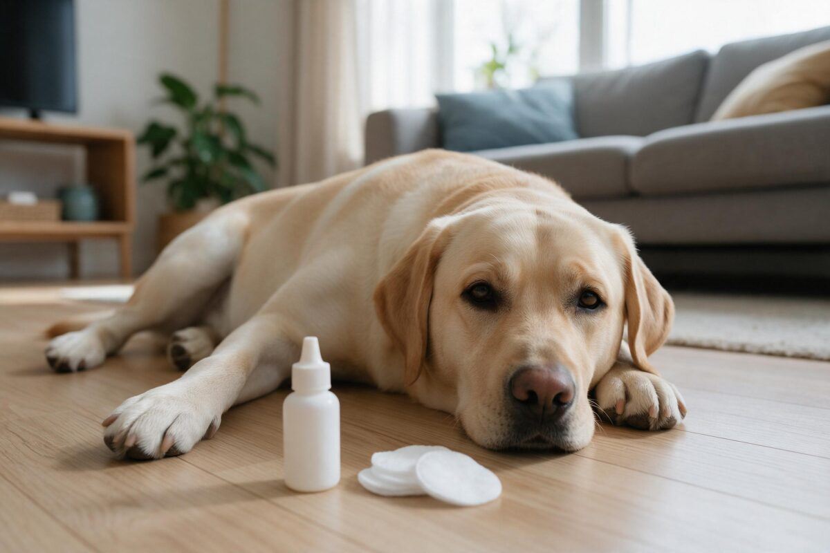 Labrador couché à côté d'un flacon de nettoyant auriculaire et de cotons